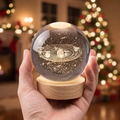Vista 4 de Bola de vidrio del sistema solar 3D de 3.15" (80mm) con modelo de sistema solar 3D, planetas del sistema solar, globo con base de madera, adorno