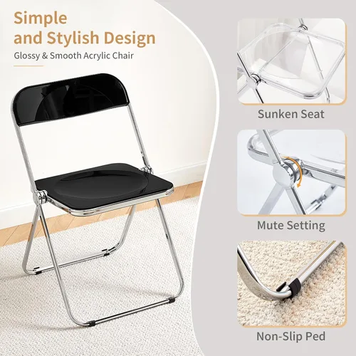 Vista 3 de KAIHAOWIN Silla plegable de acrílico moderna de lujo, silla plegable apilable de cristal fantasma, asiento de sala de estar de plástico de Negro