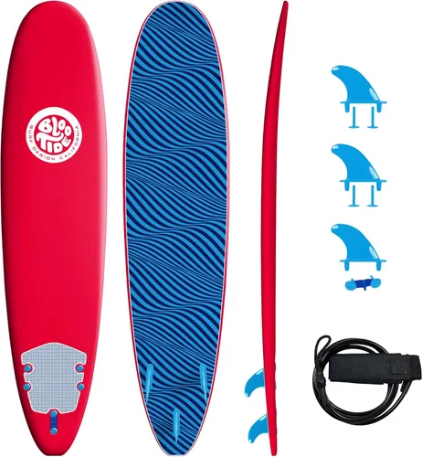Bloo Tide Tabla de surf de 8 pies con parte superior suave roja con diseño de Wavizm azul gráfico inferior