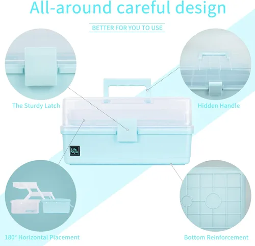 Vista 4 de Creahaus Caja de almacenamiento organizadora de manualidades de 13 pulgadas con 3 capas, caja de herramientas de plástico multiusos con asa