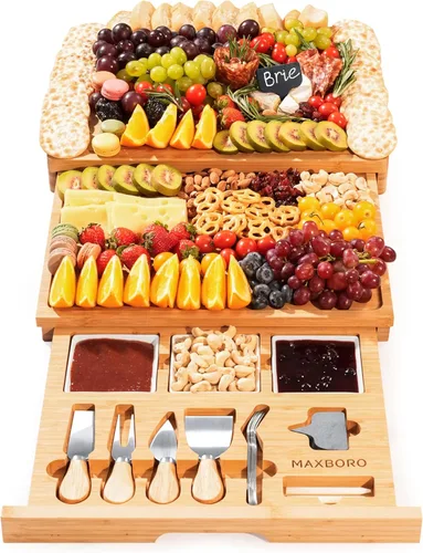 Vista 10 de Extra Large 33.7x15.7 inch Charcuterie Boards Gift Set, 100% Bamboo Cheese Board and Knife Set, Cool Meat Cheese Platter Tray, House Warming Gifts