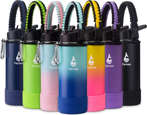 Vista 43 de Botella de agua Farsea aislada con asa de paracord, protector y 2 tapas (tapa de pajita y tapa de boquilla), de acero inoxidable, boca ancha, doble
