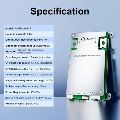 Vista 2 de JKBMS Smart BMS 4S-8S 40A 0.4A Balance activo Bluetooth integrado con placa de protección de batería PCB RS485 Li-ion LiFePO4 LTO batería