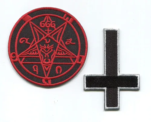 Lote de 2 cabezas de cabra baphomet satánicas + parches bordados demoníacos cruzados invertidos al revés