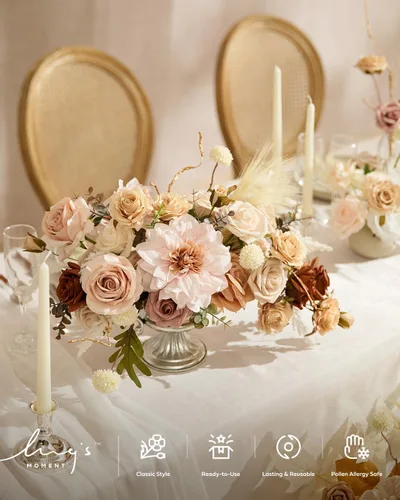 Vista 7 de Ling's moment Caja de flores artificiales, tallos de follaje artificial falso, rosas de espuma, dalia de seda, hierba de pampas, flor de tela