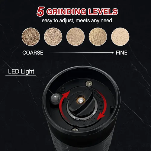 Vista 5 de Juego de molinillo eléctrico de sal y pimienta, molinos de especias a pilas con grosor ajustable, luz LED, molinillo automático de especias