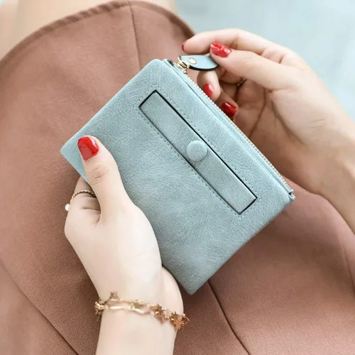 Vista 3 de AOXONEL Cartera pequeña de cuero plegable para mujer, mini monedero con cremallera, bolsillo para tarjeta de identificación, delgado y compacto
