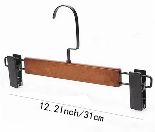 Vista 5 de Paquete de 10 perchas de madera maciza para pantalones, faldas y pantalones, de madera maciza con 2 clips ajustables, ganchos de clip