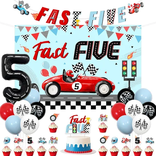 Race Car 5th Birthday Decorations for Boy Girl Blue Red Fast Five Backdrop Banner Cake Toppers Set Racing Fifth Birthday Decor Vintage Retro Car