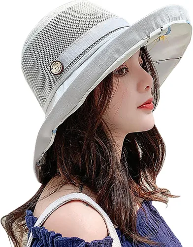 Vista 7 de Sombreros de malla de verano para mujeres con protección UV de ala ancha plegables para playa tipo bucket Gris