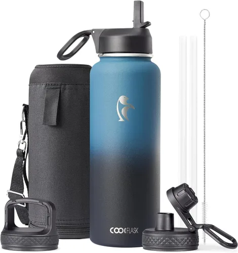Vista 67 de Coolflask - Botella de agua de 64 onzas aislada, con popote y 3 tapas, de acero inoxidable con boca ancha, libre de BPA, mantiene las bebidas frías