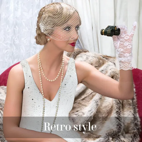 Vista 6 de Velos de jaula de pájaros para novias y guantes de encaje blanco malla de velo blanco con perlas artificiales tocado de jaula de pájaros con peines