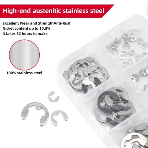 Vista 3 de Juego de anillos de retención externos E-Clip de 150 piezas, anillos de retención Snap de acero inoxidable 304, kit de C-Clip, 10 tamaños SAE