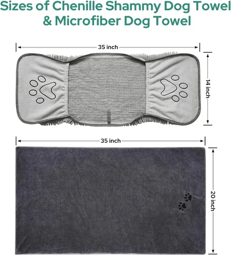 Vista 6 de HOMEIDEAS Juego de 2 toallas para perro, chenilla y microfibra, toalla de baño suave súper absorbente con bolsillos para las manos para secar