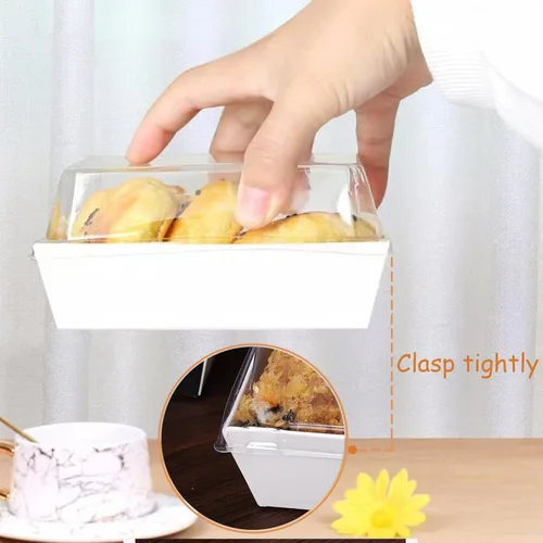 Vista 5 de RomanticBaking Paquete de 100 cajas de charcutería de 4 x 4 x 2.55 pulgadas con tapas transparentes, para panadería, galletas, fresas cubiertas