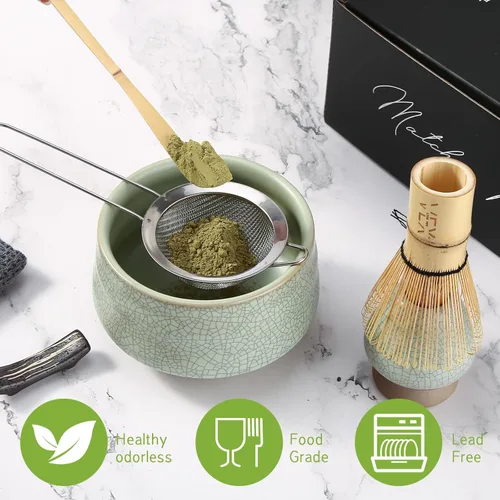 Vista 8 de Juego de 7 piezas de matcha – Juego de batidor japonés de matcha, kit de té incluye cuenco de cerámica, soporte para batidor de bambú y tamiz