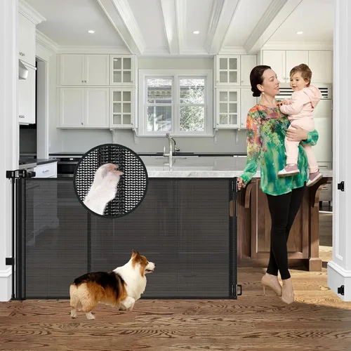 Vista 10 de Puerta retráctil reforzada de 60 pulgadas de ancho para bebés con varillas reforzadas, puerta retráctil para perros de 5 pies para interiores