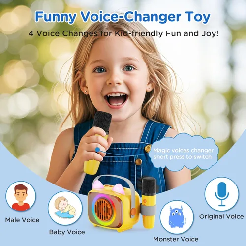 Vista 4 de Máquina de karaoke para niños con 2 micrófonos inalámbricos, altavoz portátil Bluetooth de karaoke con luces LED, regalo ideal para niñas, niños