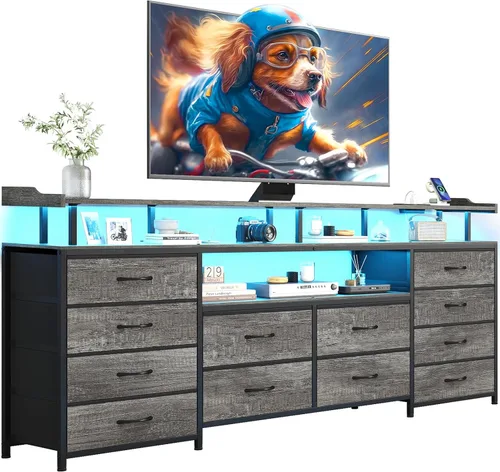 Vista 10 de BTHFST Mueble de TV de 12 cajones para TV de 65/70 pulgadas, centro de entretenimiento con luces LED y tomas de corriente, mueble de TV LED grande