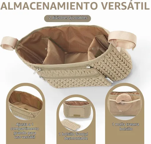 Vista 3 de Organizador de cochecito - Elegante nailon acolchado en espiga 3D, ajuste universal, bolsa desmontable, almacenamiento múltiple ajustable para Beige