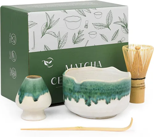 Pottery Matcha Set – Tazón de té matcha japonés hecho a mano cuenco de esmalte mineral con boquilla, batidor de bambú, cuchara y soporte de Chasen