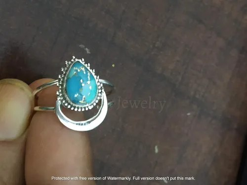 Vista 3 de Anillo azul de cobre turquesa, plata de ley 925, anillo en forma de media luna, anillo de dos bandas, Boho Chic, joyería de boda de promesa, anillo