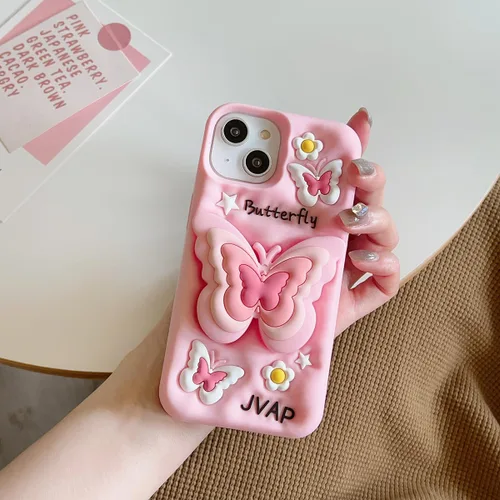 Vista 2 de Funda compatible con iPhone 11, linda funda 3D Kawaii divertida de dibujos animados con soporte de mariposa rosa para mujeres y niñas, protector