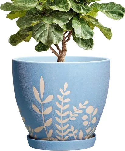 Vista 13 de Maceta de cerámica de 6 pulgadas con platillo - Maceta pequeña para flores con drenaje para suculentas y hierbas, decoración de escritorio boho