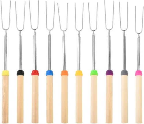 Palitos para asar malvaviscos, brochetas Smore, tenedor para perros calientes para exteriores, 31 pulgadas, mango de madera con puntas codificadas