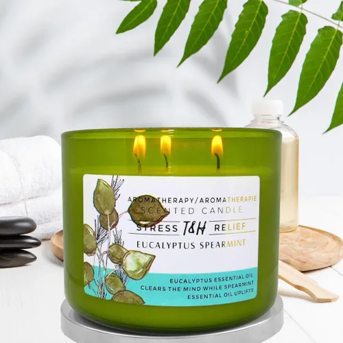 Vista 9 de Vela perfumada de eucalipto de menta verde Vela de soja grande de 3 mechas de 15.8 onzas Vela de aromaterapia calmante para el hogar Aroma