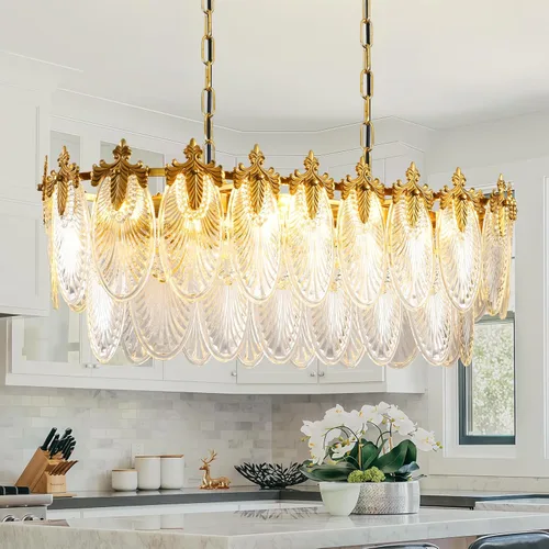 Vista 10 de Antique Chandeliers 2-Layer Gold Crystal Glass Chandelier, 4-Light Round Pendant Light 17.7" Brushed Brass Adjustable Height, Applicable to Dining