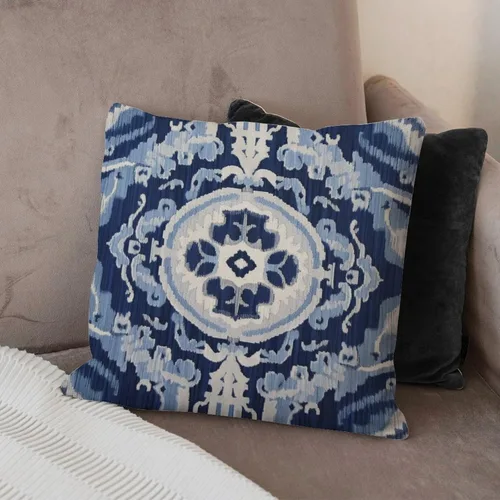 Vista 8 de Fundas de cojín Ikat con medallón azul y gris, color blanco y azul marino, fundas de almohada abstractas, decorativas de granja para sofá, cama