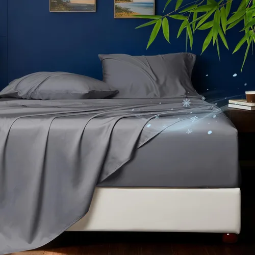 Vista 17 de HYPREST Sábanas refrescantes tamaño Queen – Rayón derivado de bambú, seda suave y transpirable, juego de sábanas de lujo que no sudan, sábanas Beige