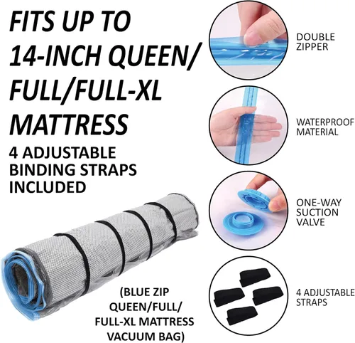 Vista 3 de Bolsa de vacío para colchón de espuma tamaño Queen/matrimonial/matrimonial XL con cremallera azul, bolsa de almacenamiento de colchón