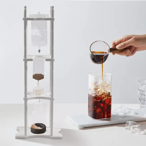 Vista 4 de LOYALHEARTDY Torre comercial de goteo en frío, 25 tazas de café helado manual retro con recipiente de vidrio, soporte de madera, cafetera gotera