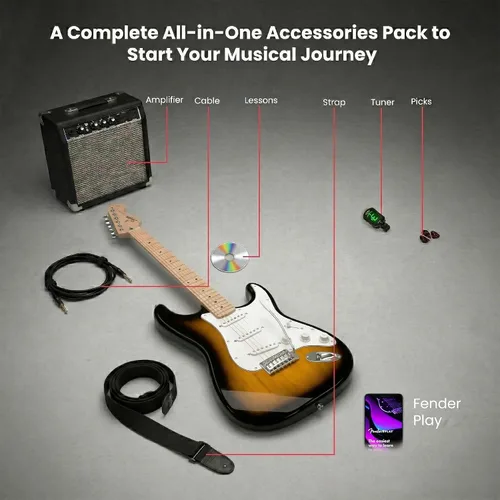 Vista 2 de Fender Squier Sonic Stratocaster - Paquete de guitarra eléctrica con ráfaga de 2 colores que incluye amplificador, cable, afinador, correa, púas