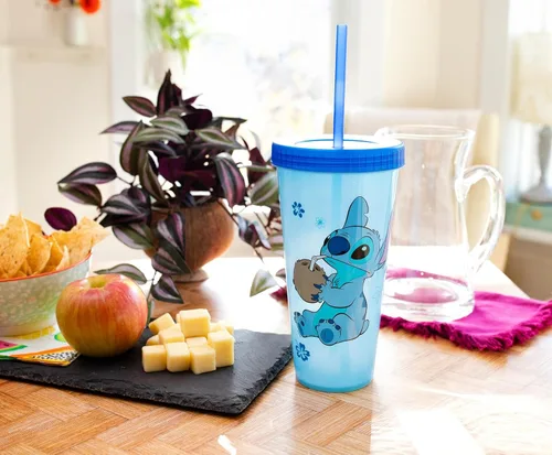 Vista 3 de Disney Lilo & Stitch Cool Coconut - Vaso de viaje de plástico que cambia de color, incluye popote reutilizable y tapa resistente a fugas, capacidad