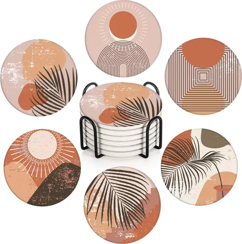 Juego de 6 posavasos para bebidas, juego de 6, tapete redondo de piedra de cerámica absorbente de terracota naranja quemado, con base de corcho y