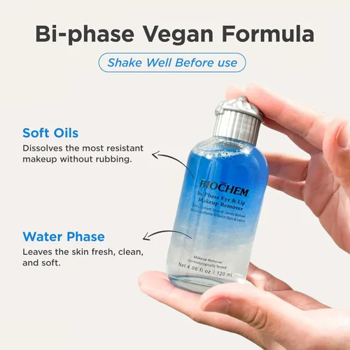 Vista 2 de BIOCHEM Removedor de maquillaje pesado bifásico para ojos y labios, removedor de rímel impermeable, líquido limpiador suave para maquillaje