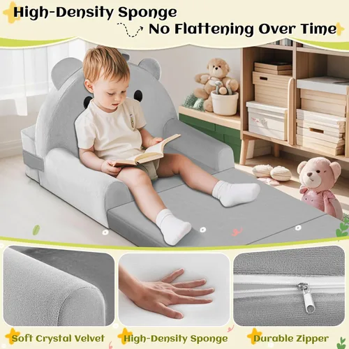 Vista 6 de Sofá cama para niños con funda extraíble lavable y respaldo de cinta mágica - Silla plegable para niños pequeños, cómodos muebles de terciopelo
