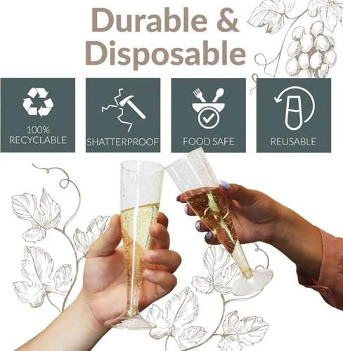 Vista 4 de Reli. Copas de champán de plástico Paquete de 100 4.5 onzas – Purpurina dorada Copas de champán de plástico premium Fiesta perfecta