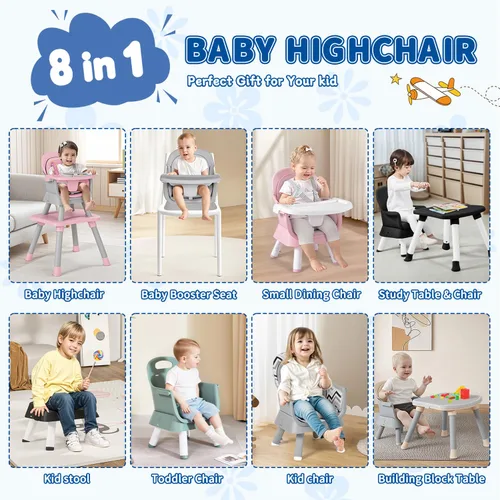 Vista 2 de Kinder King Silla Alta 8 en 1 para Bebé, se Convierte en Asiento Elevador para Comedor/Juego de Mesa y Silla para Niños/Mesa de Bloques