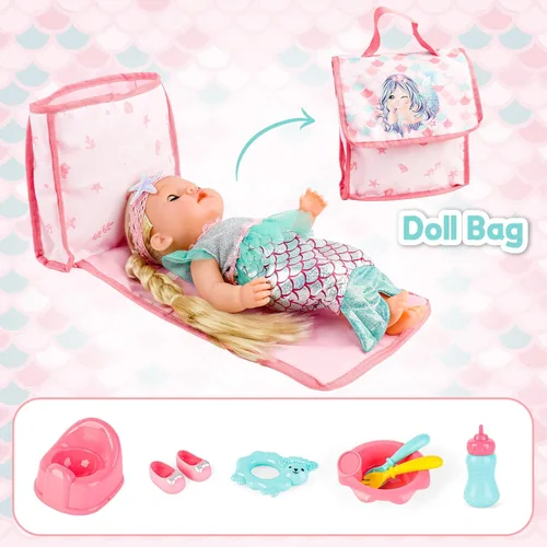 Vista 4 de deAO Cochecito para Muñeca Bebé Cuna Cama Guardería Juego de Rol Set Accesorios para Muñeca Bebé y Tapete de Juego, Cuna de Viaje, Cochecito