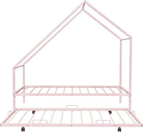 Vista 6 de TRIPLE TREE Marco de cama de casa de tamaño individual con nido, cama de plataforma de metal con divertido techo decorativo, camas Montessori, marco