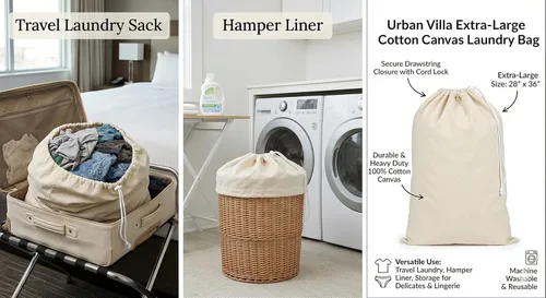 Vista 8 de Urban Villa Bolsa de lavandería 1 paquete de bolsa de lavandería extra grande de lona resistente, bolsas de lavandería de algodón natural, multiuso