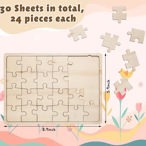 Vista 2 de Deekin 30 hojas de rompecabezas de madera sin terminar personalizables, piezas de madera en blanco, cosas de forma libre para pintar, escribir