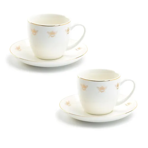 Gracie China Gold Bee - Taza de té o café de porcelana y platillo de 9 onzas (juego de 2)