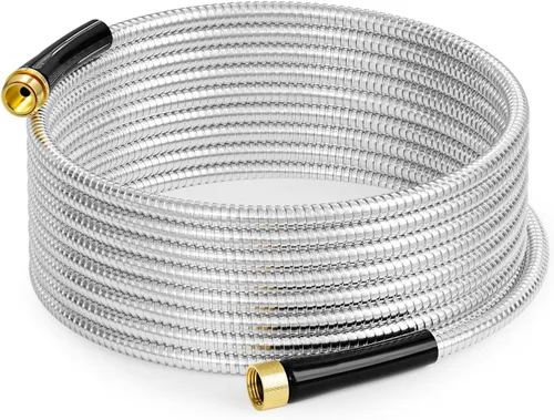 SPECILITE - Manguera de agua de metal de acero inoxidable de 25 pies para patio, exterior | Accesorios de latón de 3/4 pulgadas, resistente,