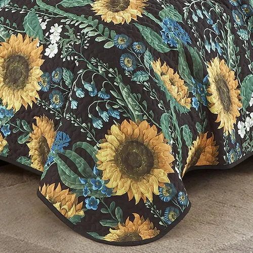 Vista 4 de ESCA - Juego de colcha de 3 piezas, tamaño Queen, con estampado de girasoles amarillos reversible, floral negro y verde 04 Soleado