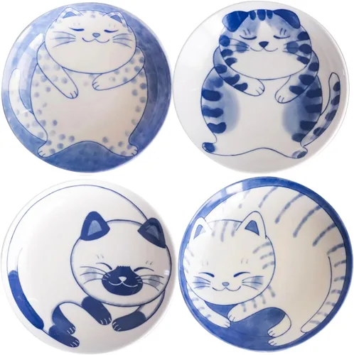 Juego de 4 platos de cerámica para servir ensalada de postre, diseño de gatos lindos, 5.31 x 1.06 pulgadas (13.5㎝×2.7㎝), juego de 4 platos Mino Ware